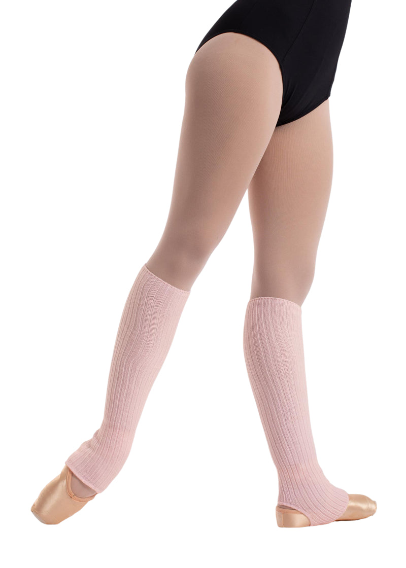 Intermezzo 2301 Women's Presur Knit Stretch Cotton Calf-Length Stirrup Legwarmers in Pink, shown on a ballet dancer wearing pointe shoes and pink tights