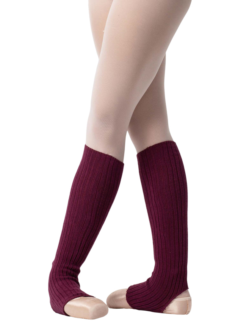 Intermezzo 2301 Women's Presur Knit Stretch Cotton Calf-Length Stirrup Legwarmers in Burgundy Red, shown on a ballet dancer wearing pointe shoes and pink tights