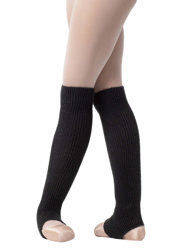 Intermezzo 2655 Women's Preduc Knit Acrylic Wool Knee Length Stirrup Legwarmers in Black, shown on a ballet dancer wearing pointe shoes and pink tights