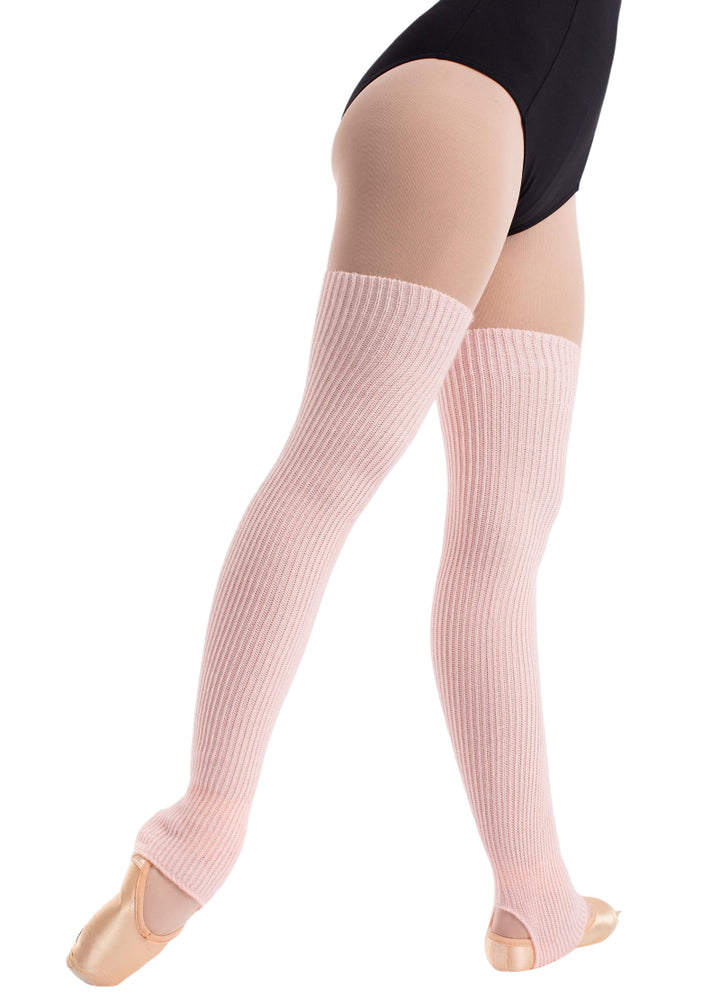 Intermezzo 2656 Women's Medduc Knit Acrylic Wool Mid-Thigh Stirrup Legwarmers in Pink, shown on a ballet dancer wearing pointe shoes, pink tights, and a black leotard