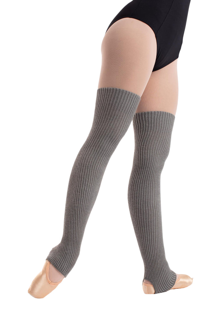 Intermezzo 2656 Women's Medduc Knit Acrylic Wool Mid-Thigh Stirrup Legwarmers in Grey, shown on a ballet dancer wearing pointe shoes, pink tights, and a black leotard