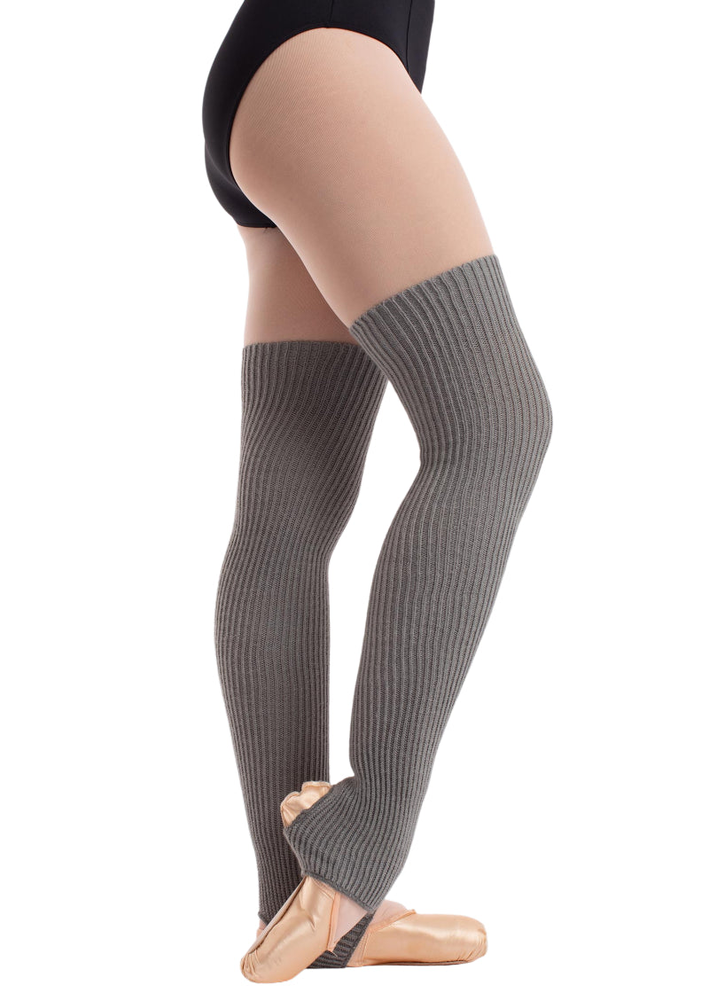 Intermezzo 2656 Women's Medduc Knit Acrylic Wool Mid-Thigh Stirrup Legwarmers in Grey, shown on a ballet dancer wearing pointe shoes, pink tights, and a black leotard