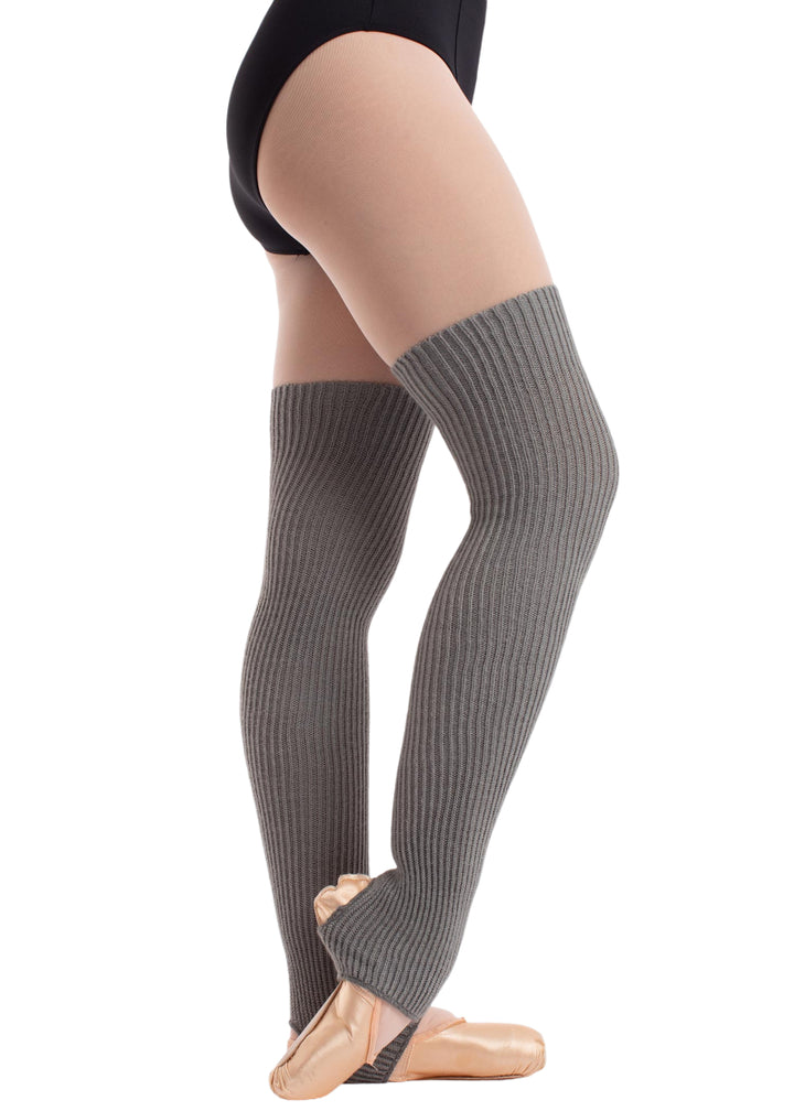 Intermezzo 2656 Women's Medduc Knit Acrylic Wool Mid-Thigh Stirrup Legwarmers in Grey, shown on a ballet dancer wearing pointe shoes, pink tights, and a black leotard