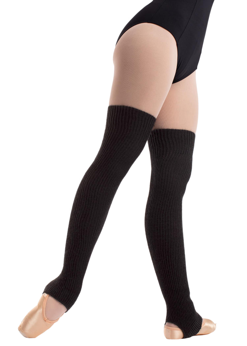 Intermezzo 2656 Women's Medduc Knit Acrylic Wool Mid-Thigh Stirrup Legwarmers in Black, shown on a ballet dancer wearing pointe shoes, pink tights, and a black leotard