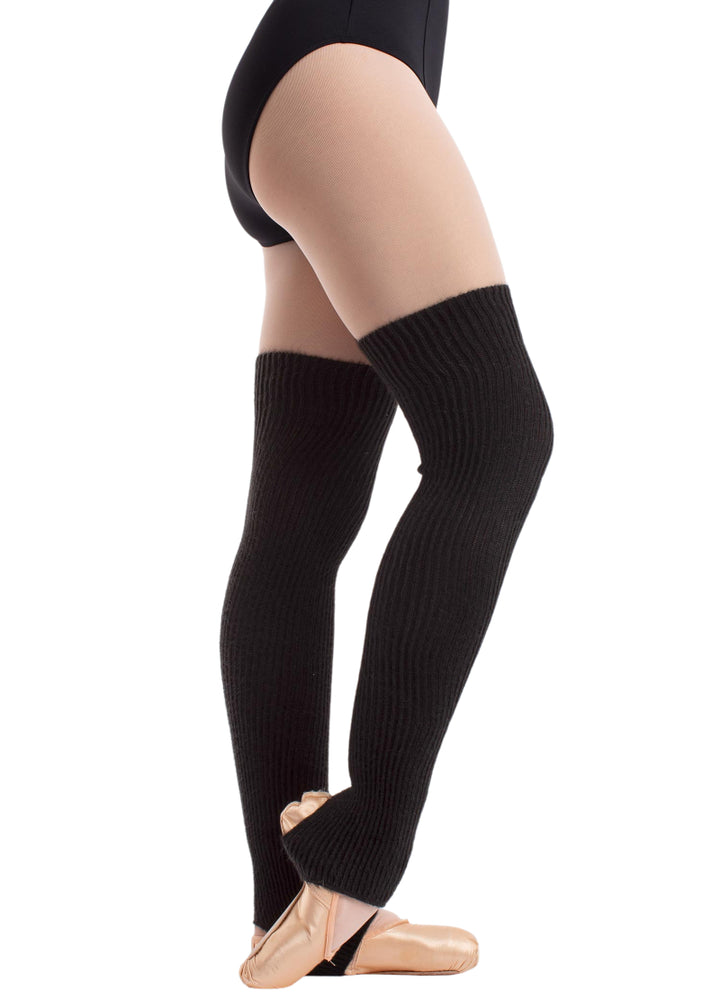 Intermezzo 2656 Women's Medduc Knit Acrylic Wool Mid-Thigh Stirrup Legwarmers in Black, shown on a ballet dancer wearing pointe shoes, pink tights, and a black leotard