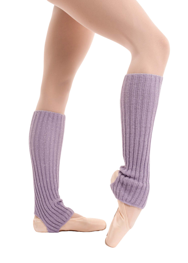 Intermezzo 2663 Women's Prelux Metallic Thread Knit Calf-Length Stirrup Legwarmers in Lilac & Silver, shown on a ballet dancer wearing pointe shoes and pink tights