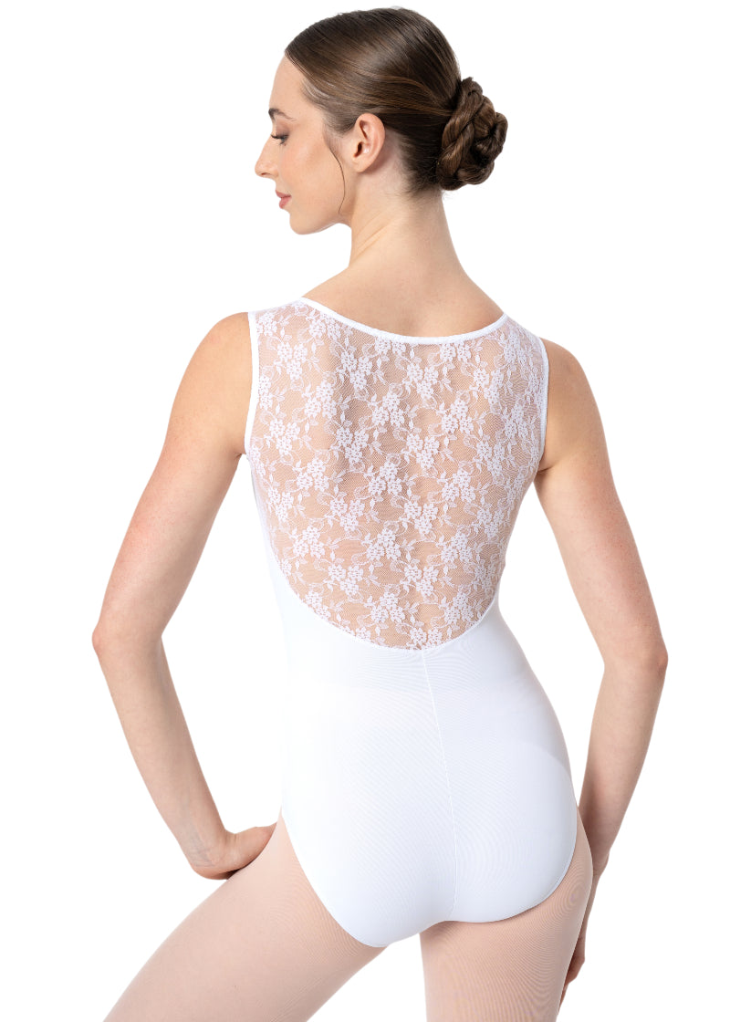 Intermezzo 31286 Women's Bodymerblonsm Pinch Front Stretch Floral Lace Back Tank Leotard in White, shown on a ballet dancer wearing pink tights