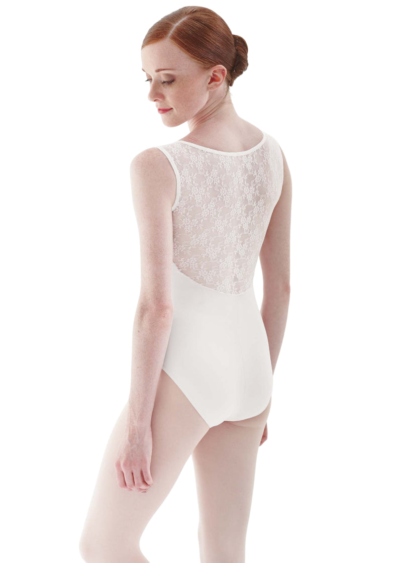 Intermezzo 31286 Women's Bodymerblonsm Pinch Front Stretch Floral Lace Back Tank Leotard in White, shown on a ballet dancer wearing pink tights