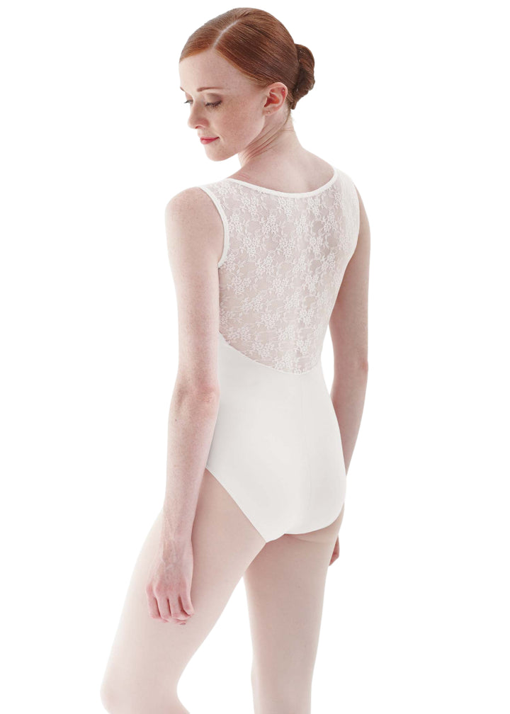 Intermezzo 31286 Women's Bodymerblonsm Pinch Front Stretch Floral Lace Back Tank Leotard in White, shown on a ballet dancer wearing pink tights