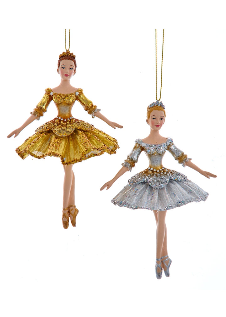 ballerina ornaments in gold and silver dresses