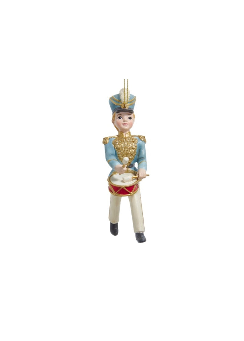Young soldier holiday ornament marching and playing a drum.