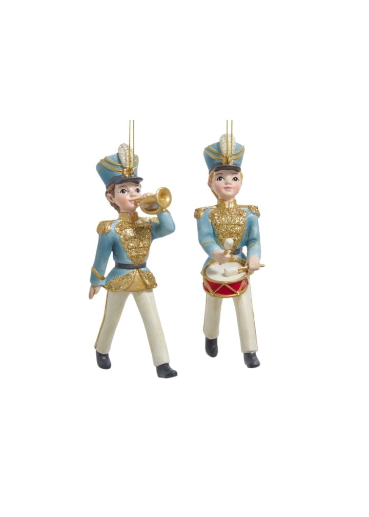 Two young soldier holiday ornaments marching with instruments.