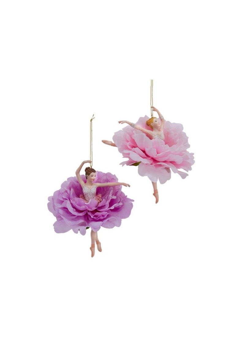 Two flower ballerina holiday ornaments.