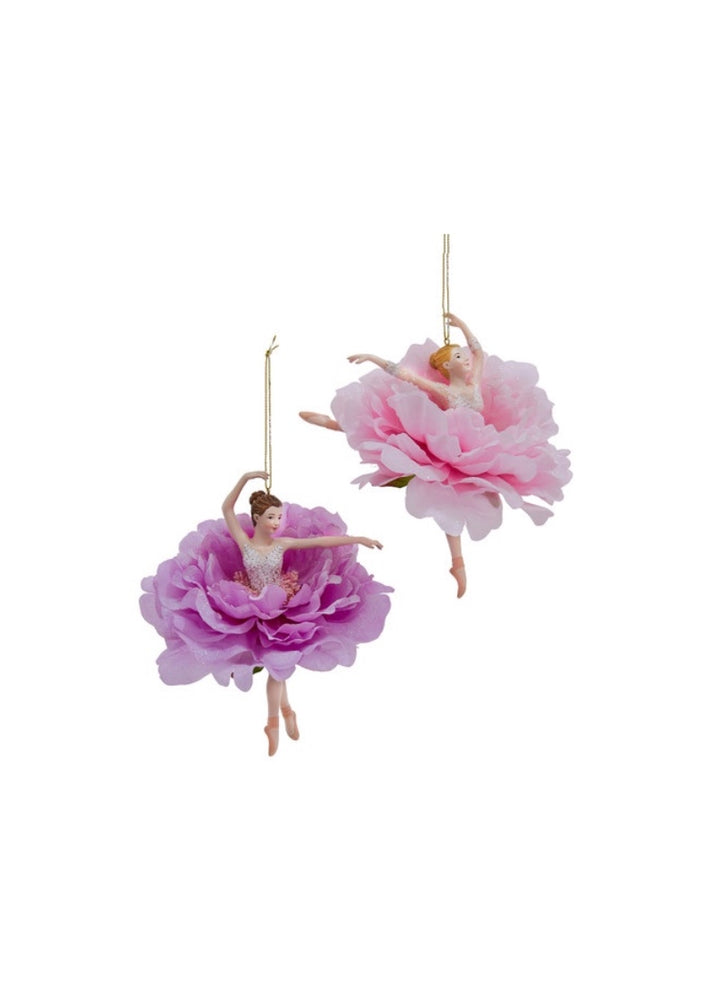 Two flower ballerina holiday ornaments.