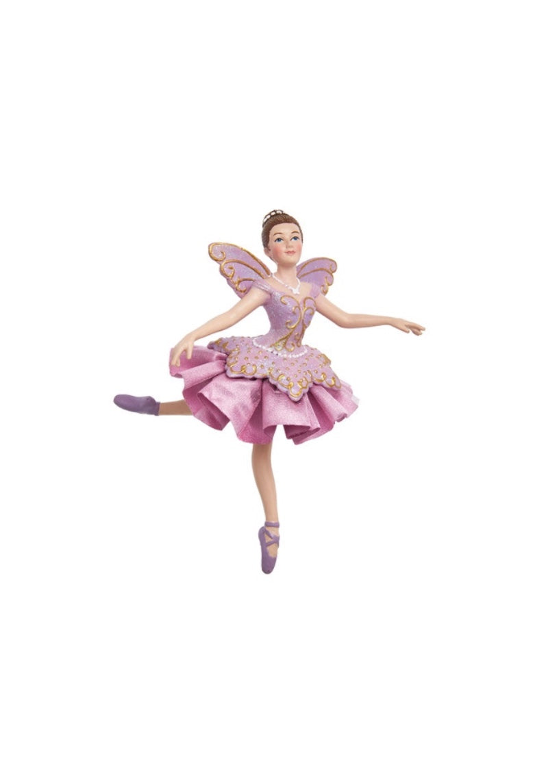 Sugar Plum Fairy ballerina holiday ornament with purple tutu, wings, and pointe shoes.