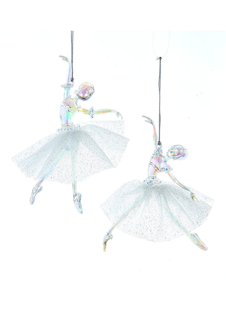 two iridescent clear ballerina ornaments 