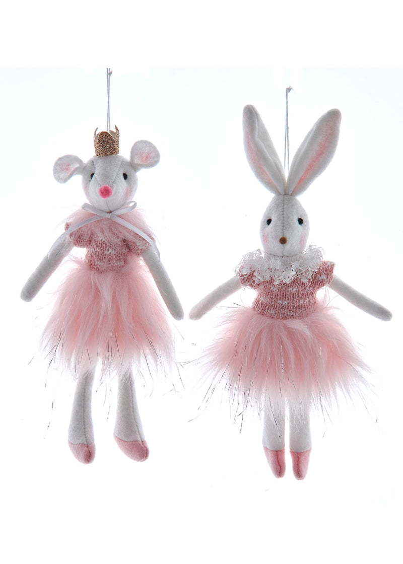 plush mouse and rabbit ornaments in pink dresses