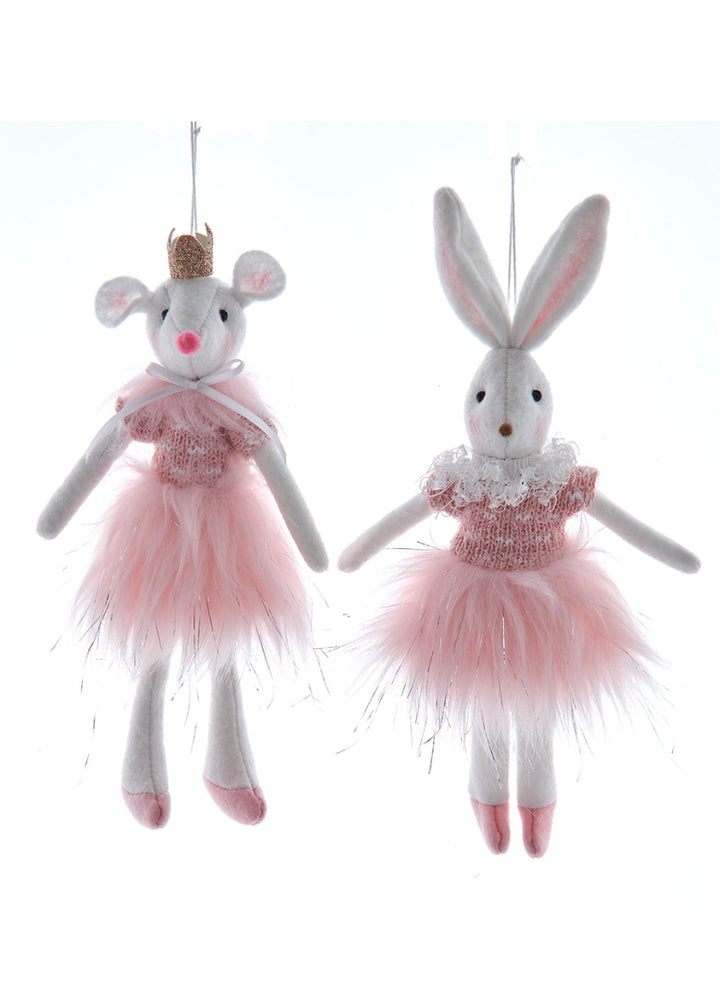 plush mouse and rabbit ornaments in pink dresses