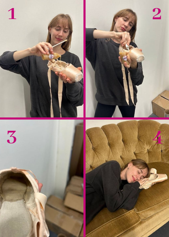 Step-by-step instructions on how to apply Les Cygnes Pointe Shoe Shellac to your pointe shoes