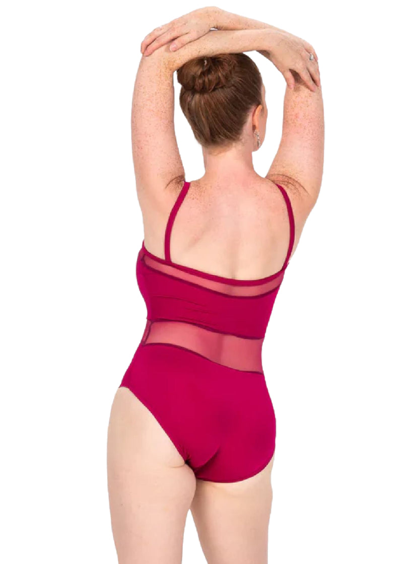 MSeam Apparel Women's Daisy Mesh Insert Camisole Leotard in Raspberry (dark reddish pink)