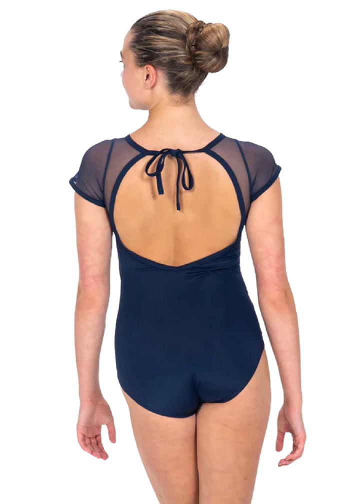 MSeam Apparel Women's Kitty Mesh Short Sleeve Tie-Back Leotard in Dark Navy Blue