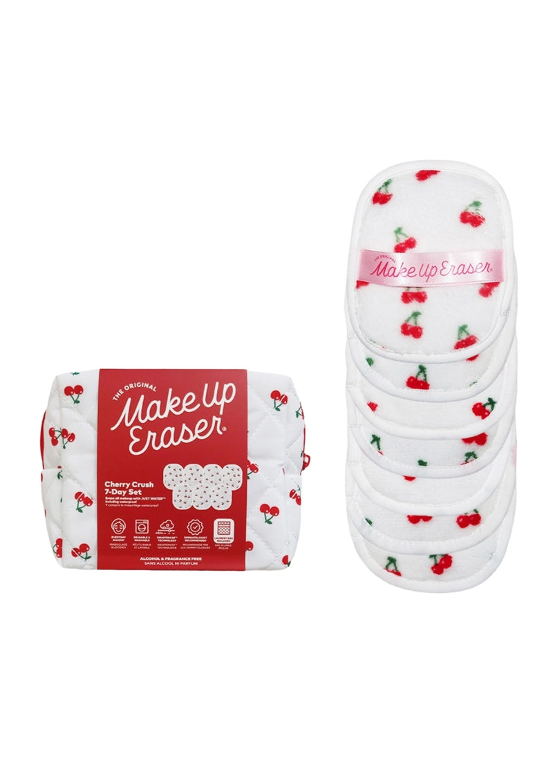 The Original MakeUp Eraser RD7DCHCS01 Cherry Crush 7-Day Set with mesh laundry bag and accessory bag in cherry print