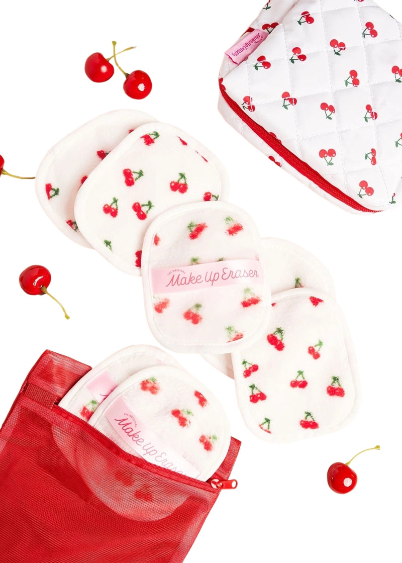 The Original MakeUp Eraser RD7DCHCS01 Cherry Crush 7-Day Set with mesh laundry bag and accessory bag in cherry print
