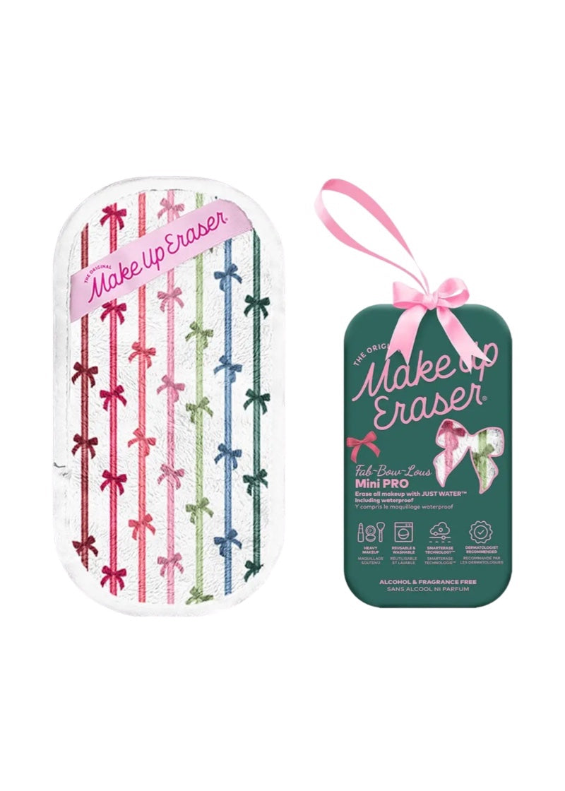 Makeup Eraser in white with colorful bow and stripe pattern and green box.
