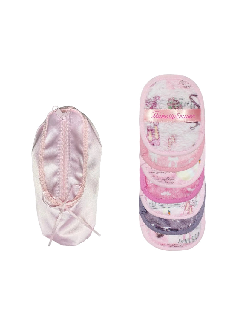 satin ballet shoe shaped zipper pouch and preview of ballet-themed makeup removing towelettes