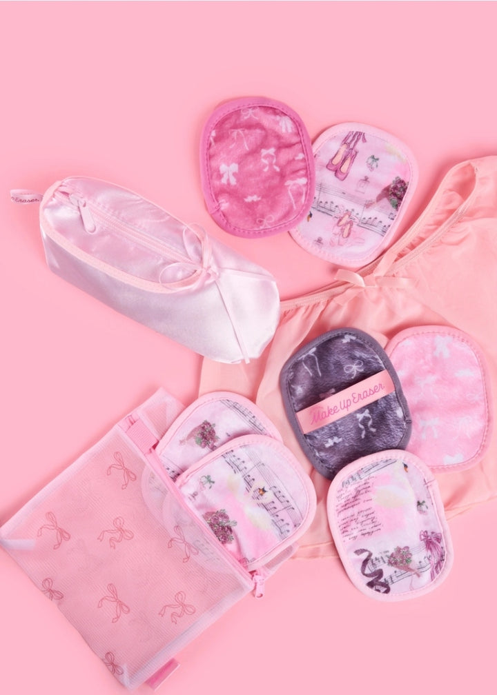satin ballet shoe shaped zipper pouch and preview of ballet-themed makeup removing towelettes with mesh laundry bag