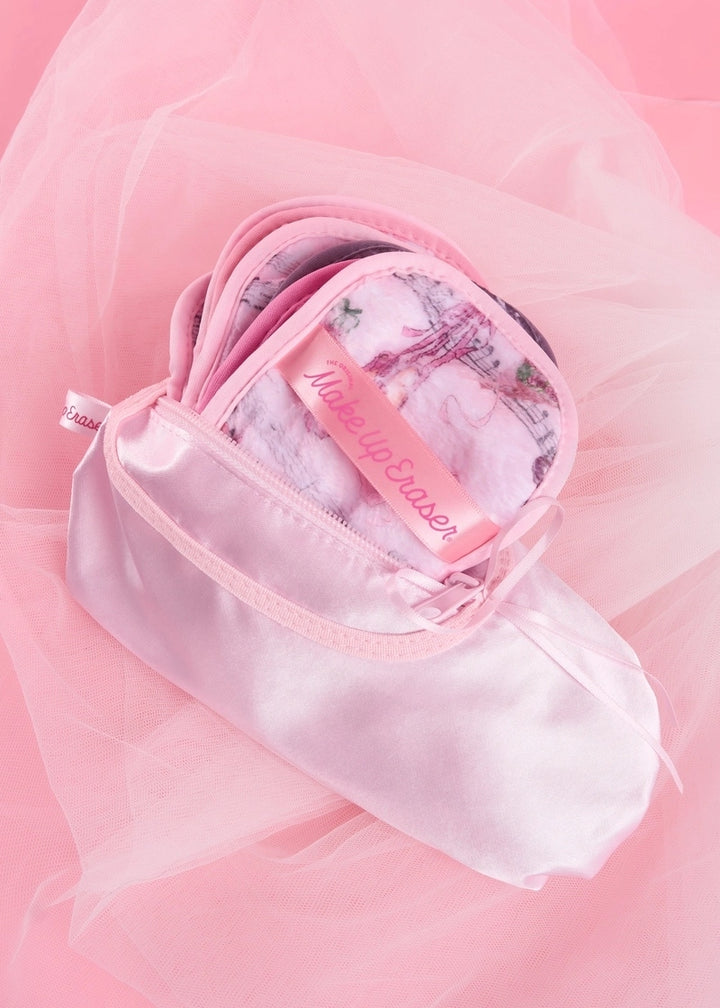 satin ballet shoe shaped zipper pouch and preview of ballet-themed makeup removing towelettes