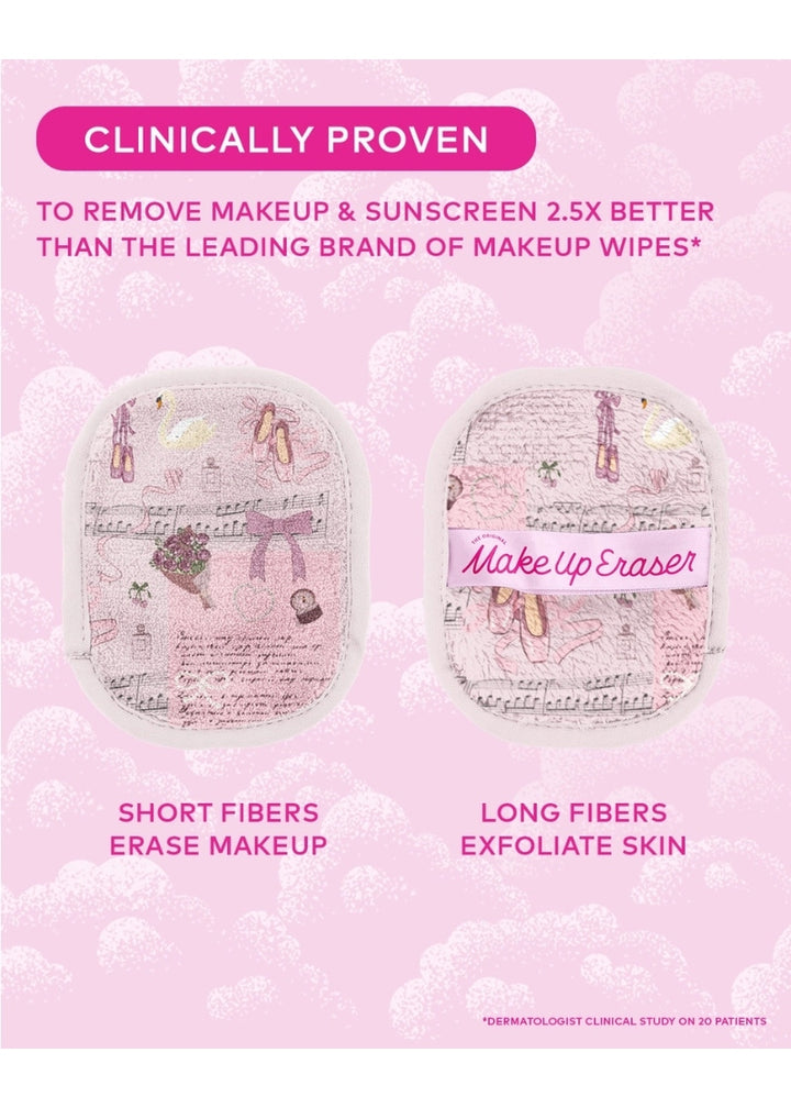 mini ballet-themed makeup removing towelettes and listed benefits