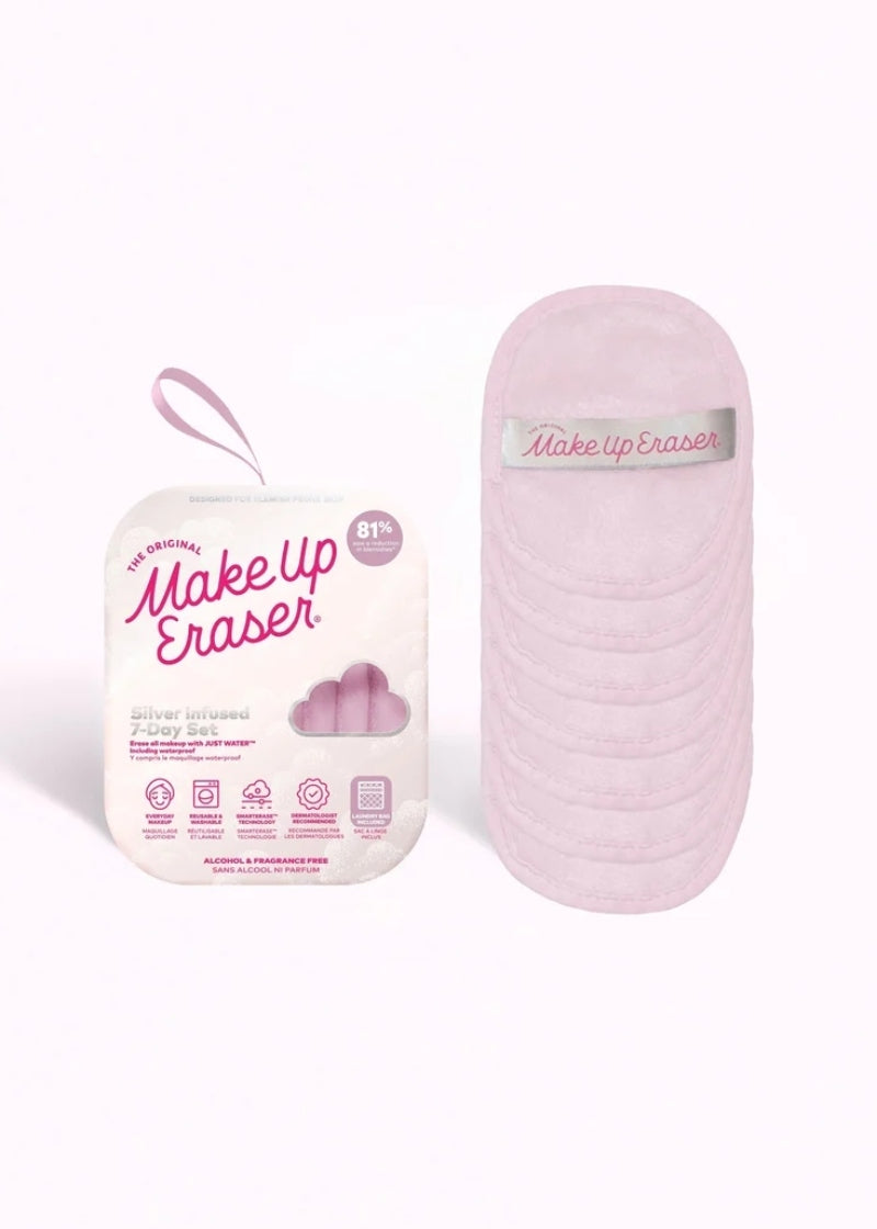 The Original MakeUp Eraser RD7DSLVR01 7-day reusable makeup wipe set with anti-microbial silver-infused fibers in light pink