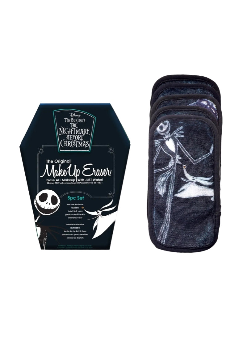 coffin-shaped Makeup Eraser box and preview of Nightmare Before Christmas themed makeup removing towelettes