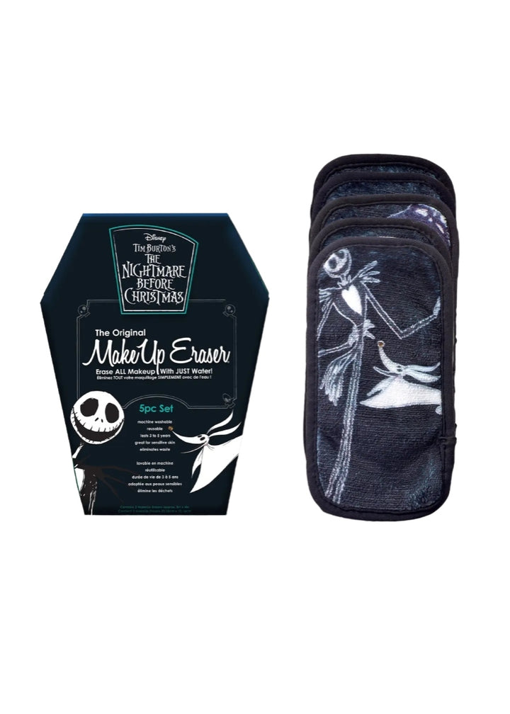 coffin-shaped Makeup Eraser box and preview of Nightmare Before Christmas themed makeup removing towelettes