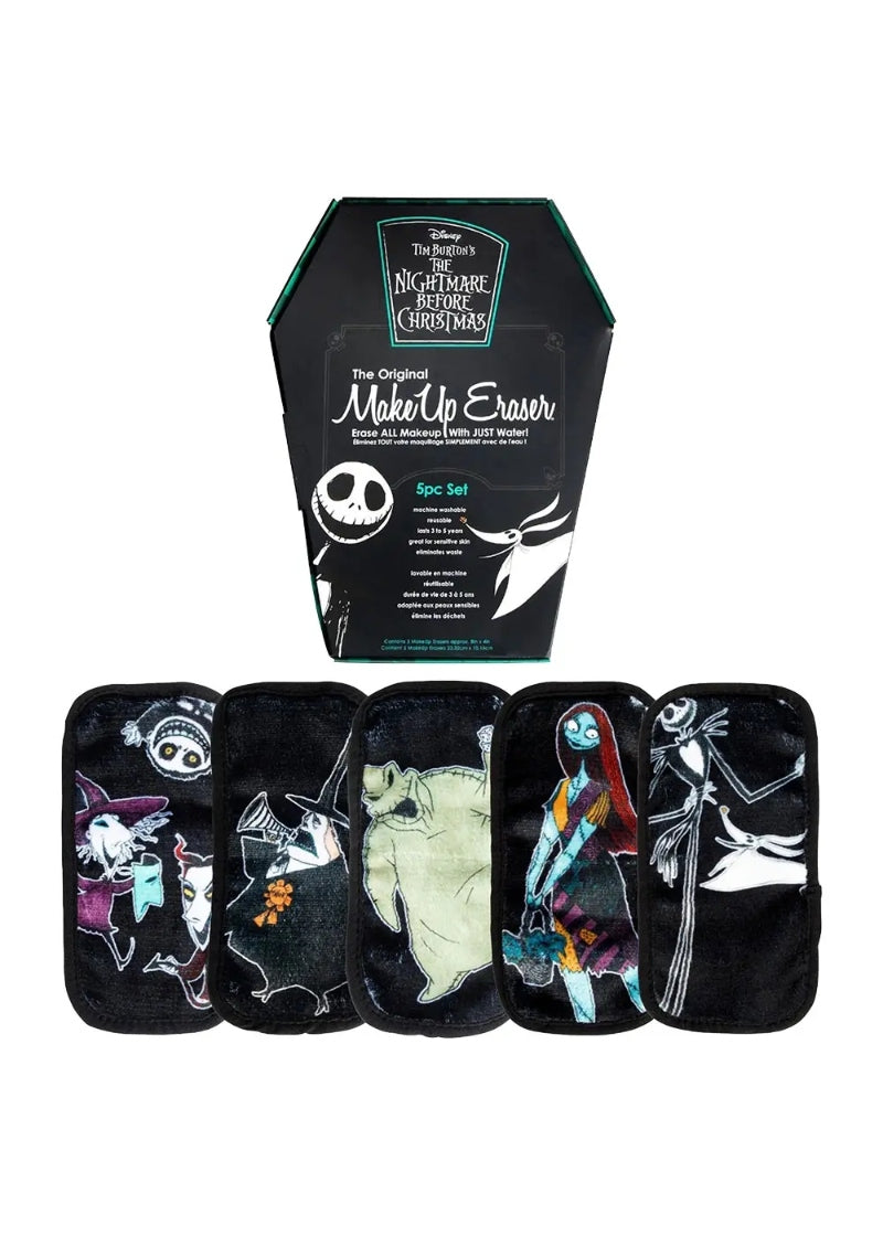 coffin-shaped Makeup Eraser box and preview of Nightmare Before Christmas themed makeup removing towelettes