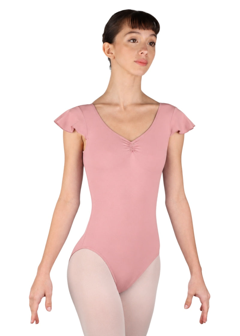 Ballet Rosa girls' Melodie flutter cap sleeve leotard with pinch front V neckline in French Rose light pink