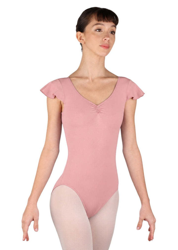 Ballet Rosa girls' Melodie flutter cap sleeve leotard with pinch front V neckline in French Rose light pink