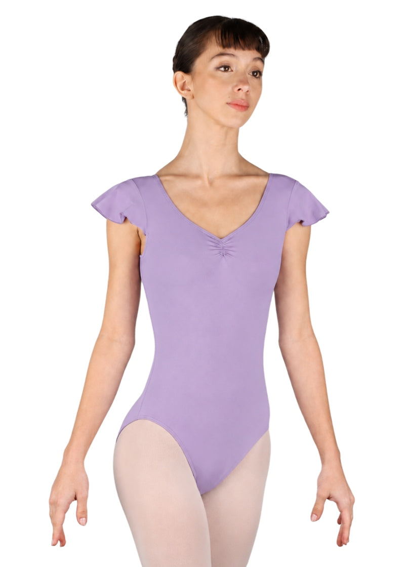 Ballet Rosa girls' Melodie flutter cap sleeve leotard with pinch front V neckline in Iris light purple