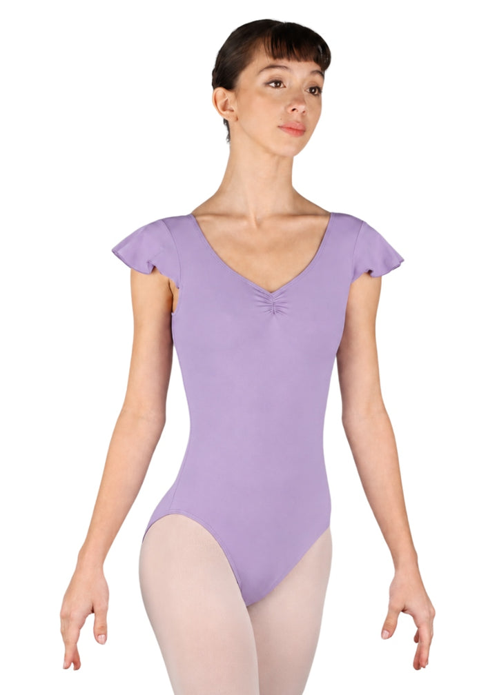 Ballet Rosa girls' Melodie flutter cap sleeve leotard with pinch front V neckline in Iris light purple