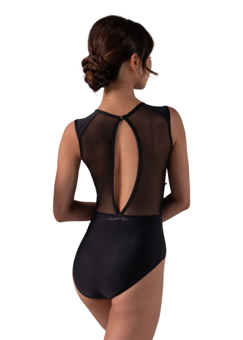 Ballet Rosa women's Mirea tank leotard in black with mesh back panels and open teardrop back.