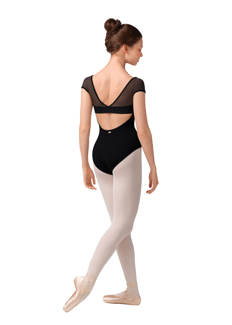 Mirella women's cap sleeve leotard with mesh v-back panel and pinstriped band over an open back.