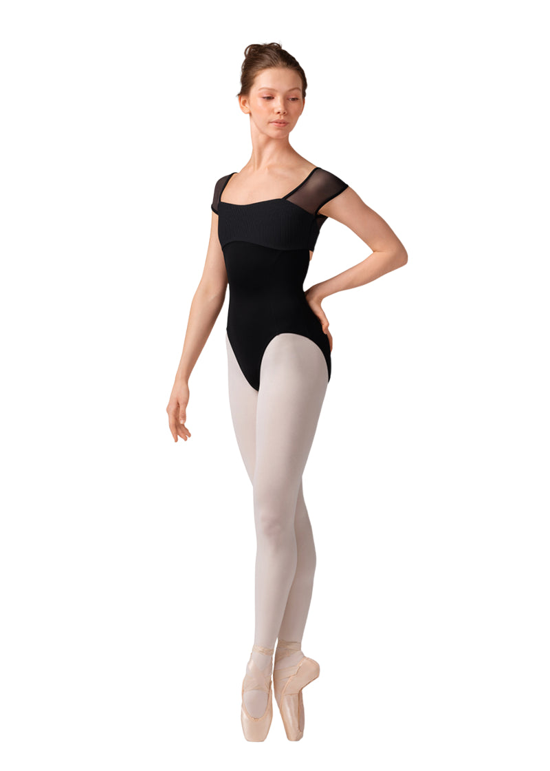 Mirella women's leotard in black with mesh cap sleeves, princess seams, and pinstriped bust.
