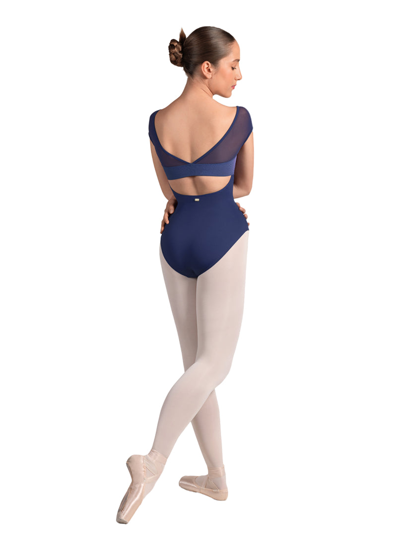 Mirella women's cap sleeve leotard in blue with mesh v-back panel and pink pinstriped band over an open back.