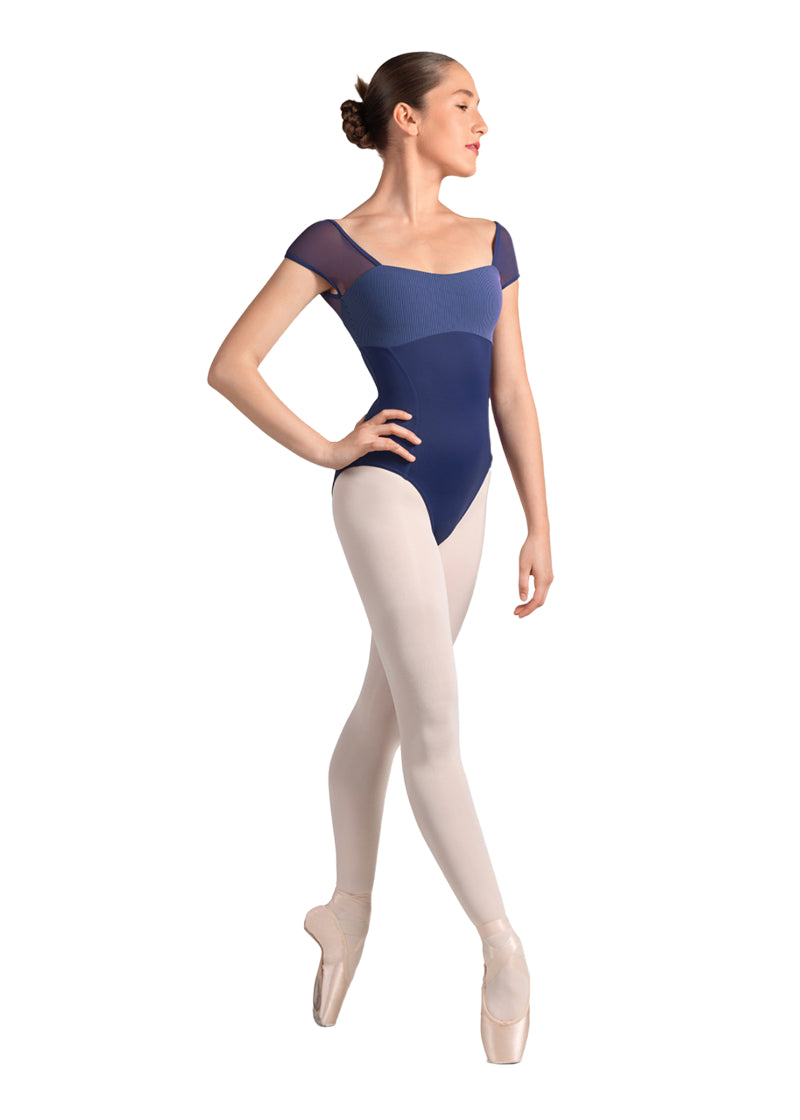 Mirella women's leotard in blue with mesh cap sleeves, princess seams, and pink pinstriped bust.
