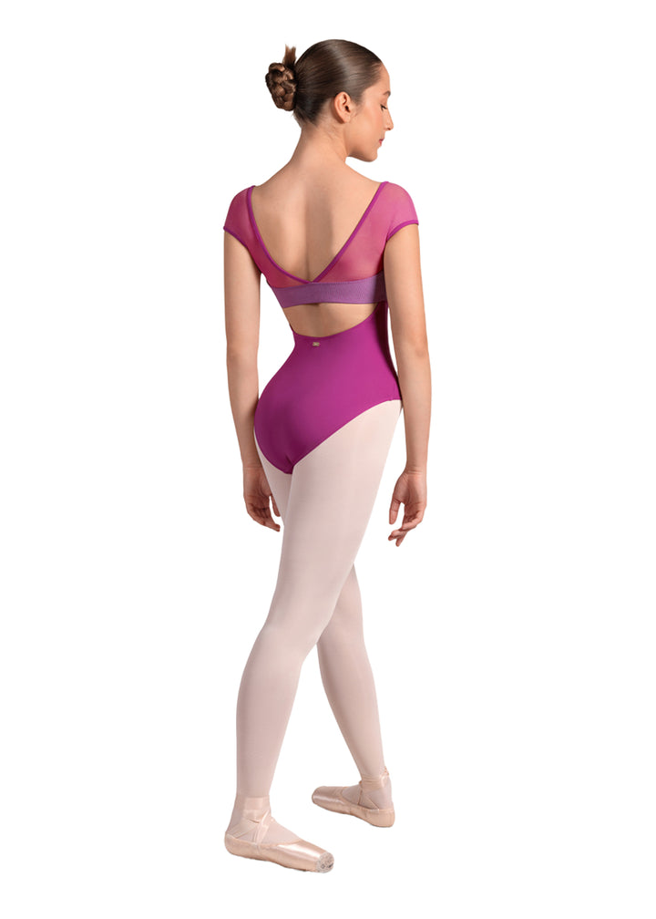 Mirella women's cap sleeve leotard in magenta with mesh v-back panel and blue pinstriped band over an open back.