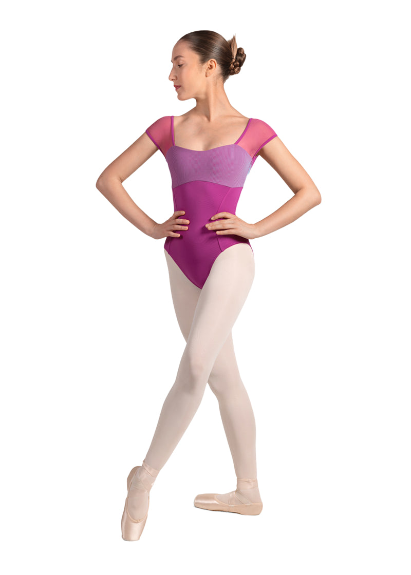 Mirella women's leotard in magenta with mesh cap sleeves, princess seams, and blue pinstriped bust.
