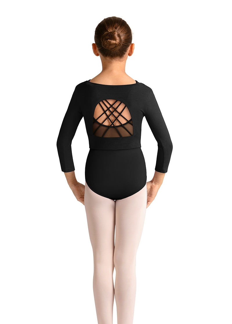 Mirella M30011C youth athletic crop top in black with 3/4 sleeves and open back pictured over a black leotard