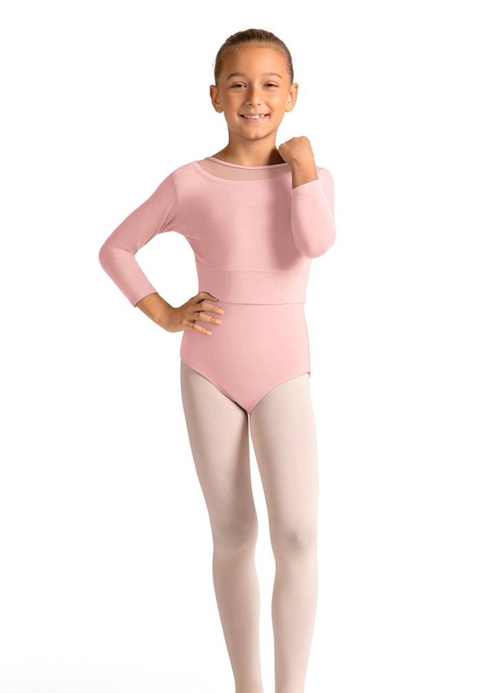 Mirella M30011C youth athletic crop top in pink with 3/4 sleeves and open back pictured over a pink leotard