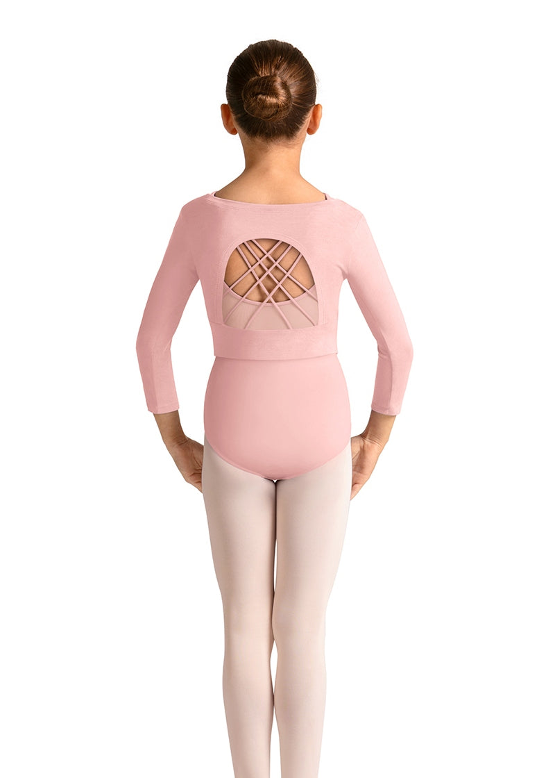 Mirella M30011C youth athletic crop top in pink with 3/4 sleeves and open back pictured over a pink leotard
